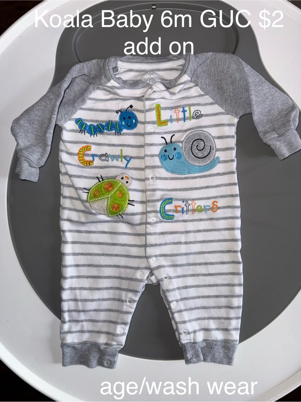 Koala Kids Gray & White Striped Crawly Little Critters Playsuit